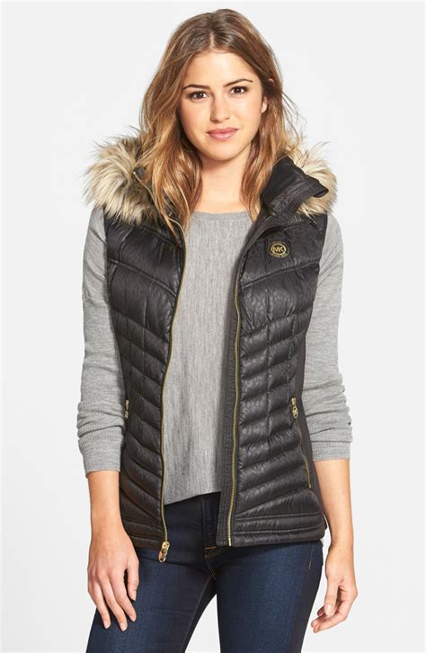 michael kors down hooded puffer vest fur trim womens|MICHAEL Michael Kors Faux.